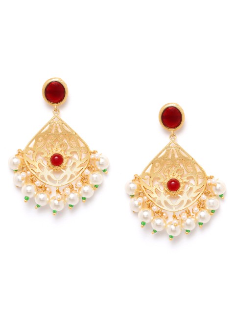 

ANESH Maroon Gold-Plated Stone-Studded & Beaded Cut-Out Handcrafted Classic Drop Earrings