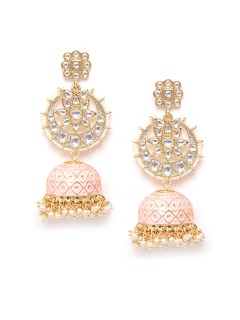 

ANESH Pink Gold-Plated Handcrafted Enamelled Kundan-Studded Beaded Dome Shaped Jhumkas