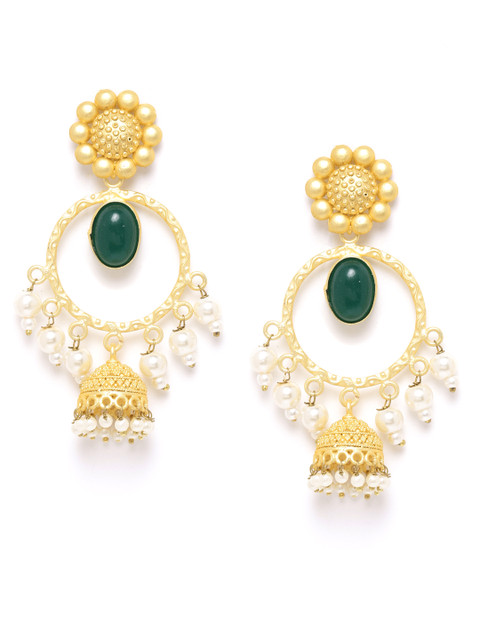 

ANESH Green Gold-Plated Stone-Studded & Beaded Handcrafted Dome Shaped Jhumkas