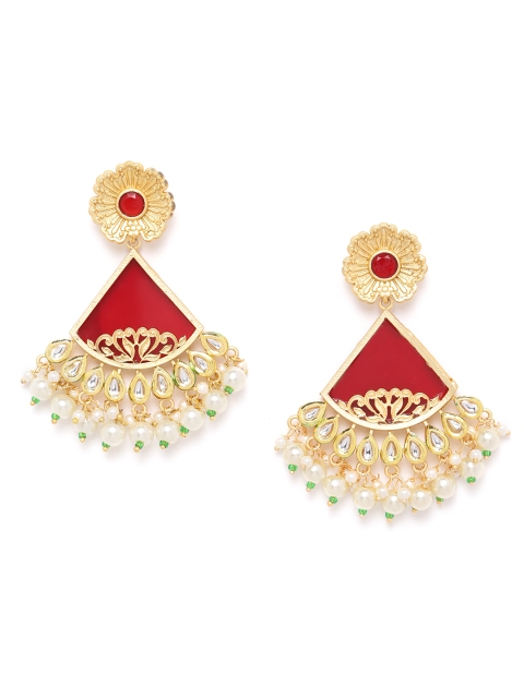 

ANESH Maroon Gold-Plated Kundan Studded & Beaded Handcrafted Triangular Drop Earrings