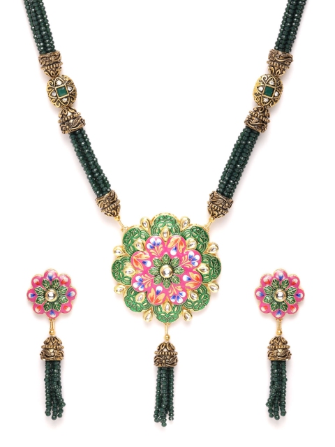 

ANESH Green Gold-Plated Kundan Studded & Beaded Hand Painted Jewellery Set