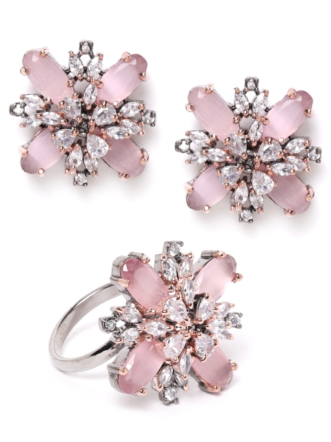 

ANESH Pink Rhodium-Plated CZ Studded Studs & Adjustable Finger Ring