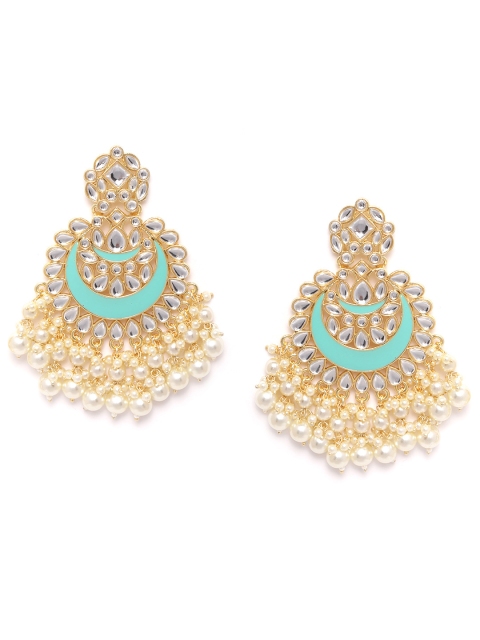 

ANESH Turquoise Blue Gold-Plated Kundan-Studded Handcrafted Crescent Shaped Chandbalis
