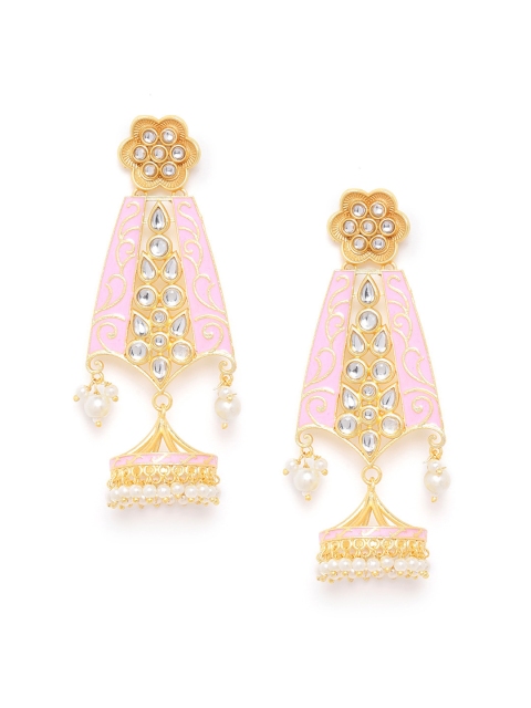 

ANESH Pink & Off-White Gold-Plated Kundan Studded Handcrafted Classic Drop Earrings