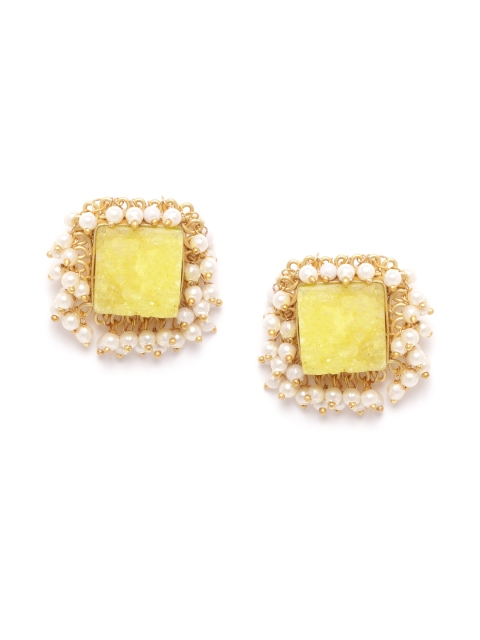 

ANESH Yellow & Off-White Gold-Plated Beaded Handcrafted Square Stone-Studs