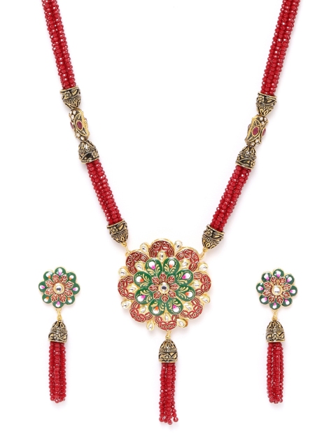 

ANESH Maroon Gold-Plated Kundan Studded & Beaded Hand Painted Jewellery Set