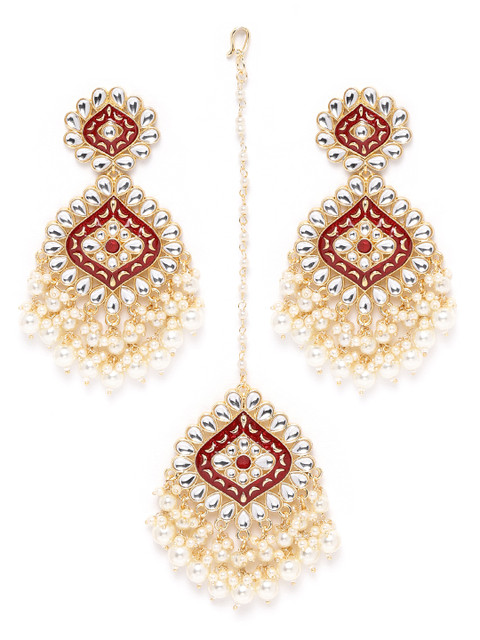 

ANESH Maroon & Off-White Kundan Studded & Beaded Handcrafted Enamelled Jewellery Set