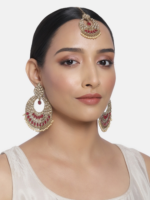 

I Jewels Maroon Gold Plated Kundan Handcrafted Chandbali Earrings & Maang Tikka Set