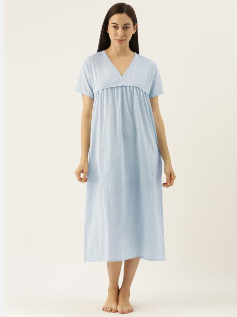 

Slumber Jill Blue Carron Dobby Self Design Pure Cotton Nightdress