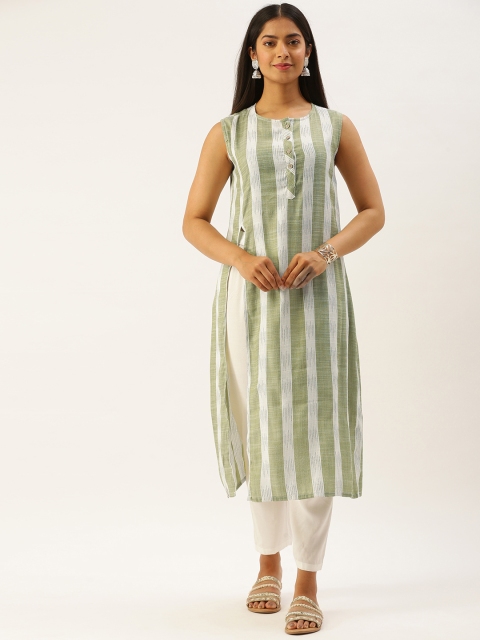 

Instafab Women Olive Green & White Striped Thread Work Straight Kurta