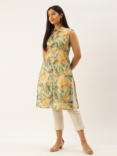 

Instafab Women Beige & Blue Floral Printed Shirt Collar Kurta