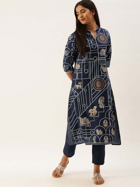 

Instafab Women Navy Blue & White Printed Kurta with Crop Trousers