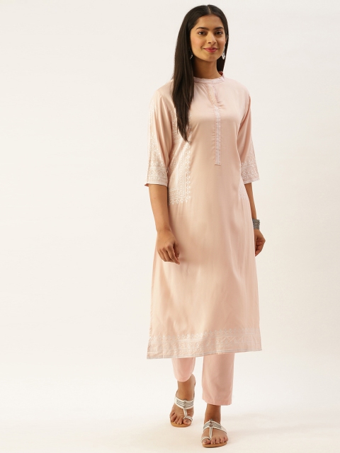 

Instafab Women Peach-Coloured & White Printed Kurta with Crop Trousers