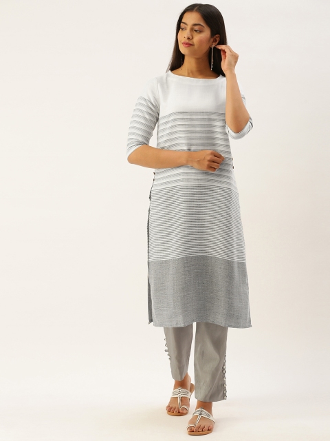 

Instafab Women White & Grey Boat Neck Striped Kurta