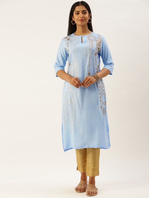 

Instafab Women Blue & Golden Ethnic Motifs Print Keyhole Neck Kurta