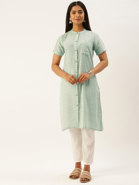 

Instafab Green & Grey Striped Kurta with Pocket Detail