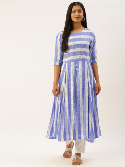 

Instafab Women Blue & Off-White Striped Thread Work Kurta