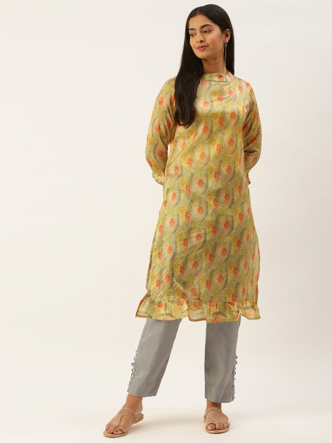 

Instafab Women Beige & Green Floral Printed Kurta