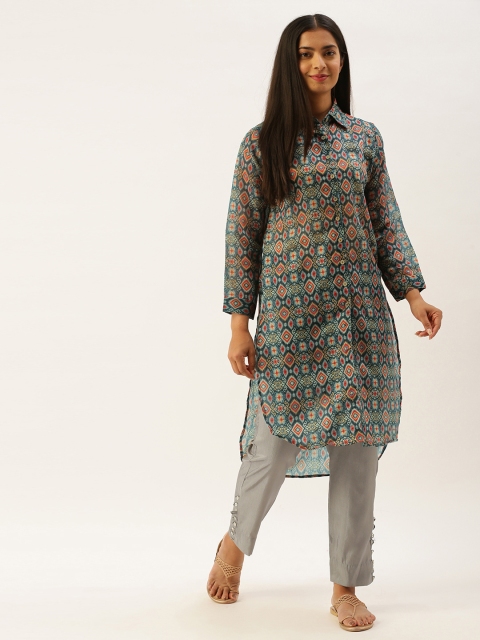 

Instafab Women Blue & Mustard Brown Ethnic Motifs Printed Pathani Kurta
