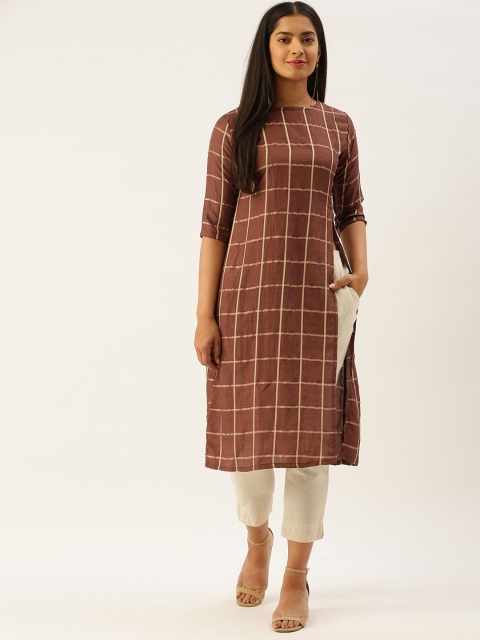 

Instafab Women Brown & off-White Checked High-Slit Kurta