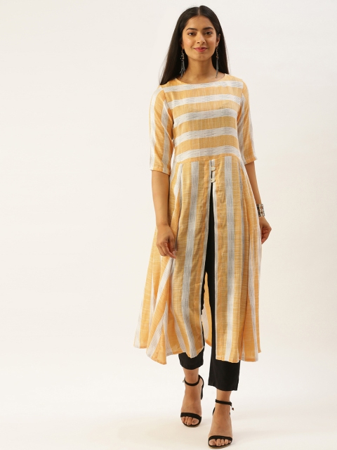 

Instafab Orange & Off-White Striped High Slit Kurta with Thread Work