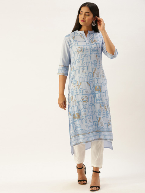 

Instafab Women Blue & White Ethnic Printed Kurta with Trousers