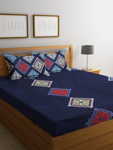 

HOSTA HOMES Navy Blue & Red Ethnic Motifs 300 TC Cotton 1 King Bedsheet with 2 Pillow Covers
