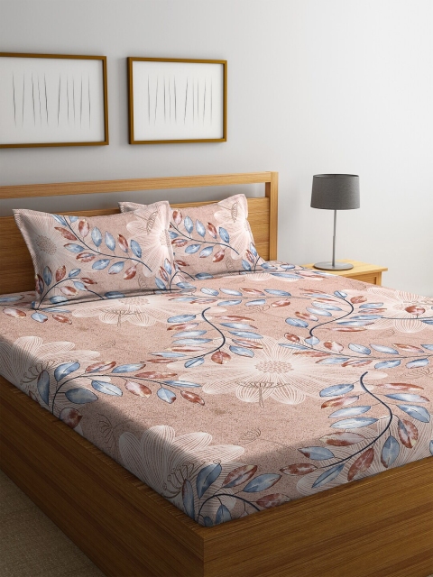 

HOSTA HOMES Beige & Blue Floral 300 TC Cotton 1 King Bedsheet with 2 Pillow Covers