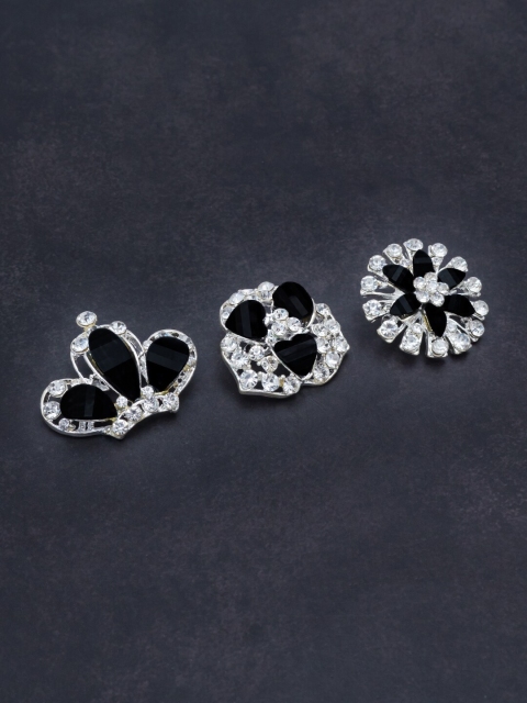 

Golden Peacock Women Set Of 3 Silver-Plated & Black Stone-Studded Brooch