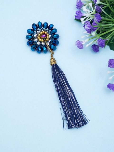 

Golden Peacock Women Blue Crystal Embellished Tasseled Brooch