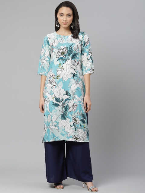 

W Women Blue & White Floral Print Straight Kurta