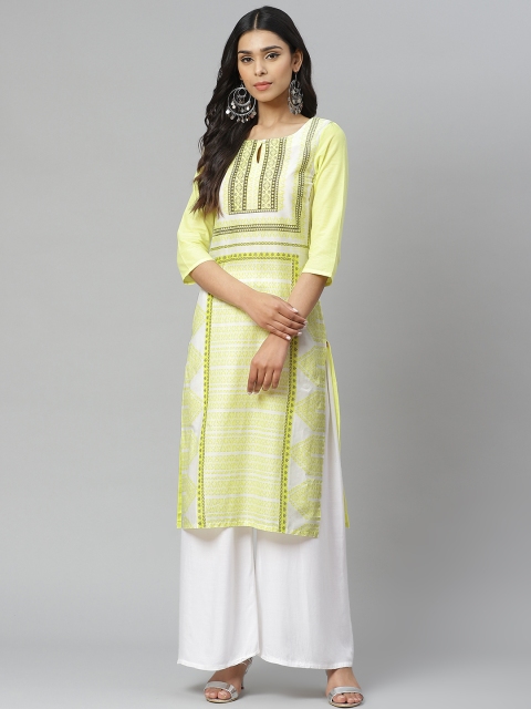 

W Women Yellow & White Ethnic Motifs Printed Pure Cotton Keyhole Neck Kurta