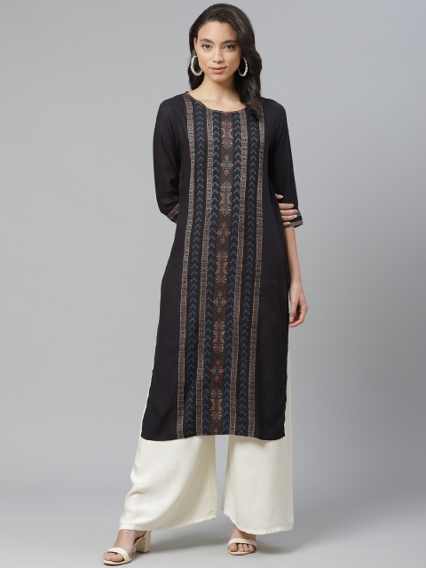 

W Women Black Woven Design Straight Kurta