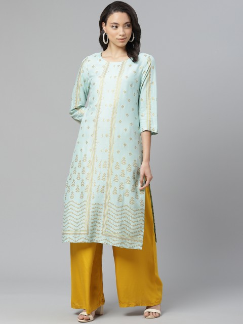 

W Women Blue & Golden Printed Straight Kurta