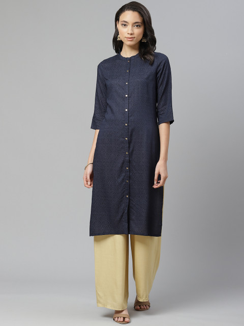 

W Women Navy Blue Printed Straight Kurta