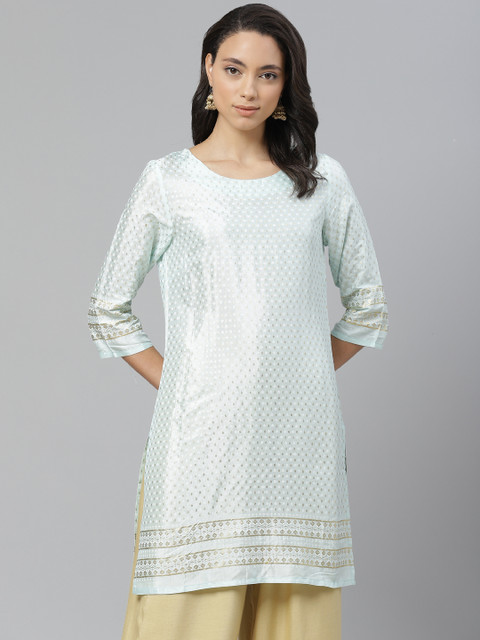

W Women Blue & Golden Printed Straight Kurta