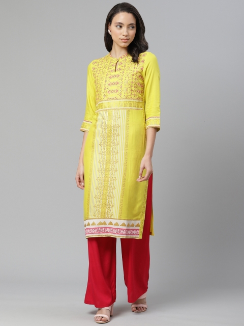 

W Women Yellow & Pink Printed Straight Kurta