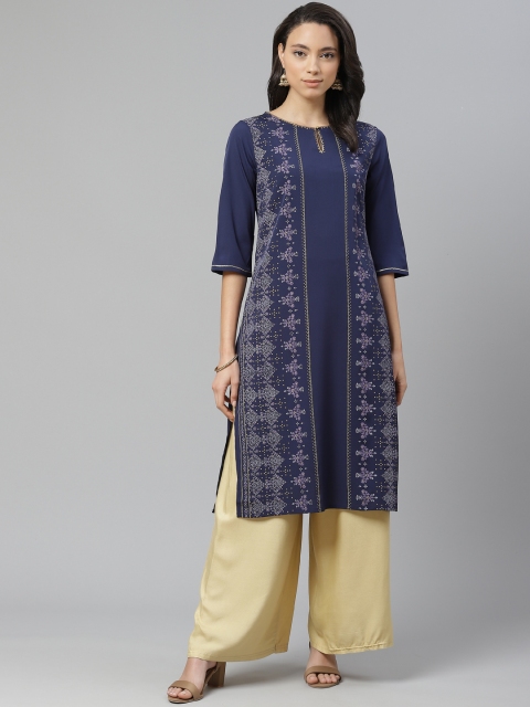 

W Women Navy Blue & Beige Printed Straight Kurta