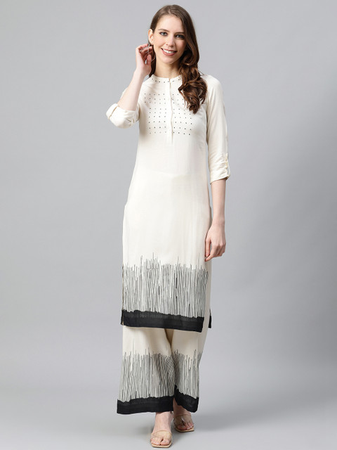 

W Women Off White Yoke Design Thread Work Straight Kurta