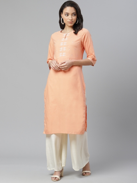 

W Women Peach-Coloured Pure Cotton Yoke Design Straight Kurta