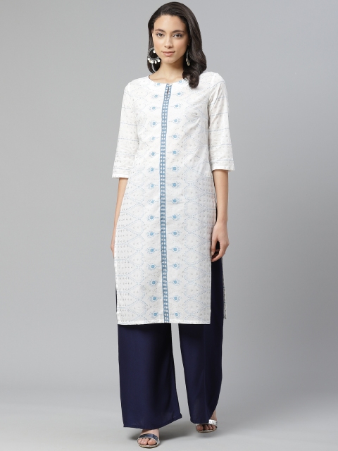 

W Women White & Blue Pure Cotton Printed Straight Kurta