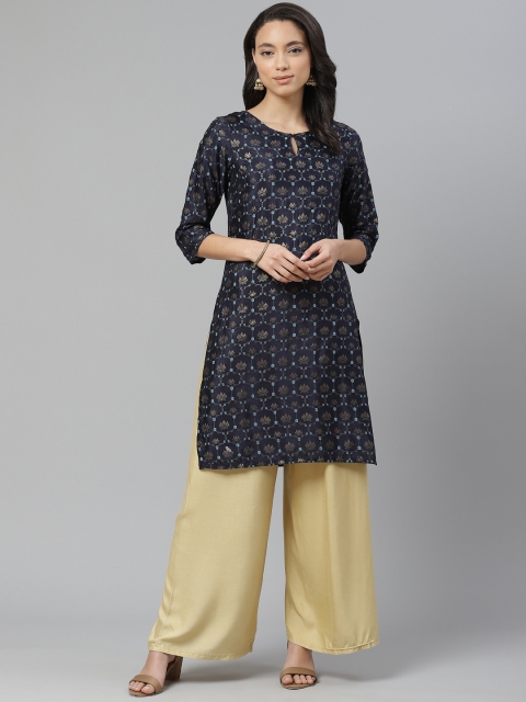 

W Women Navy Blue & Golden Printed Straight Kurta