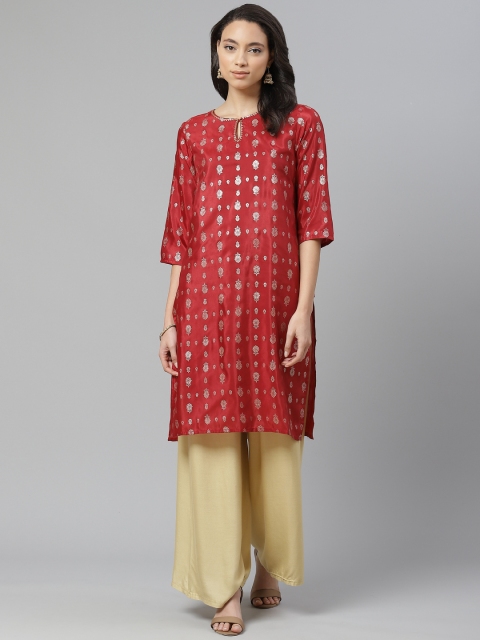 

W Women Maroon & Golden Printed Straight Kurta