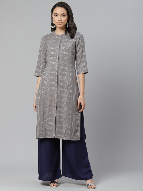 

W Women Grey & Off-White Woven Design Pure Cotton Straight Kurta