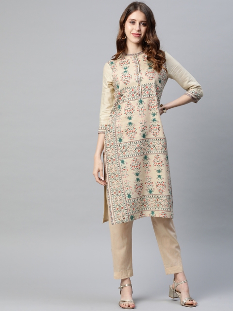 

W Women Beige & Green Ethnic Motifs Printed Kurta