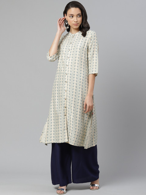 

W Women Cream-Coloured & Blue Printed A-Line Kurta