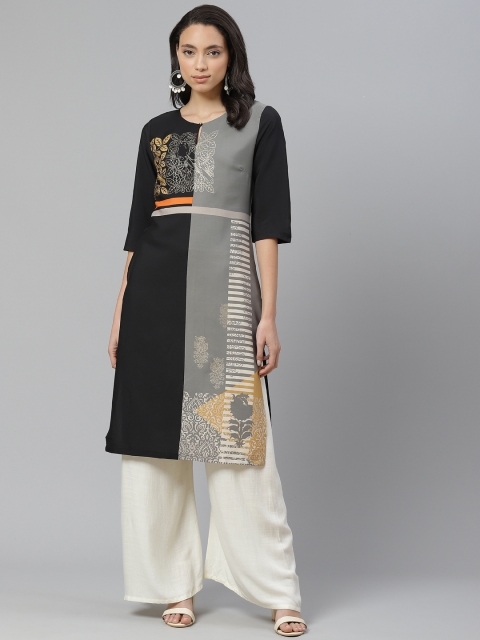 

W Women Black & Grey Printed Straight Kurta