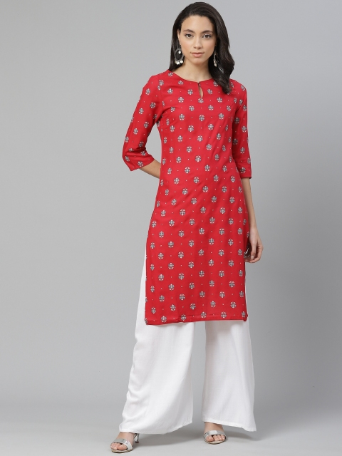 

W Women Red & Teal Blue Printed Straight Kurta