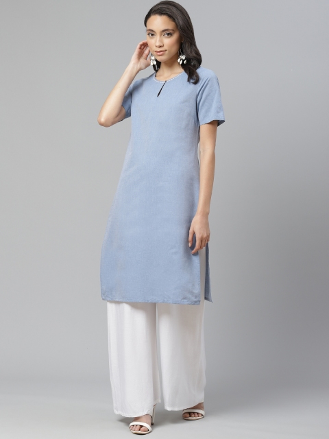 

W Women Blue Solid Pure Cotton Straight Kurta