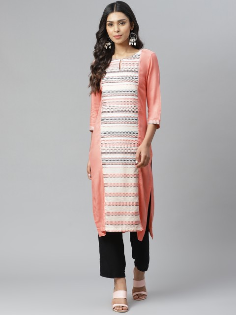 

W Women Peach-Coloured & Cream-Coloured Striped Keyhole Neck Kurta